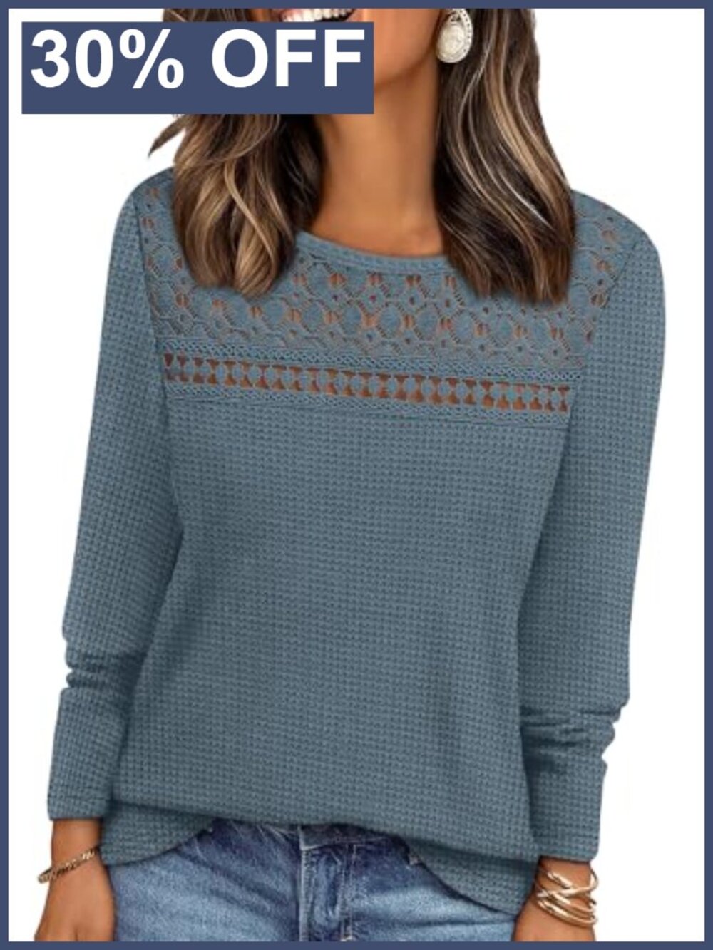 Womens Lace Long Sleeve Blouse Casual Dressy Lightweight Waffle Knit Top
